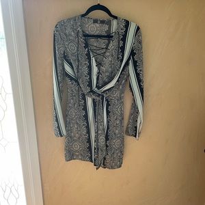 Jacquard pattern blue, white, black dress w thigh slit + faux tie + laced detail